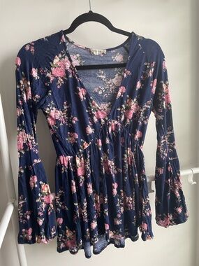 Altar'd State Navy Floral V-Neck Babydoll Top - Pink Floral